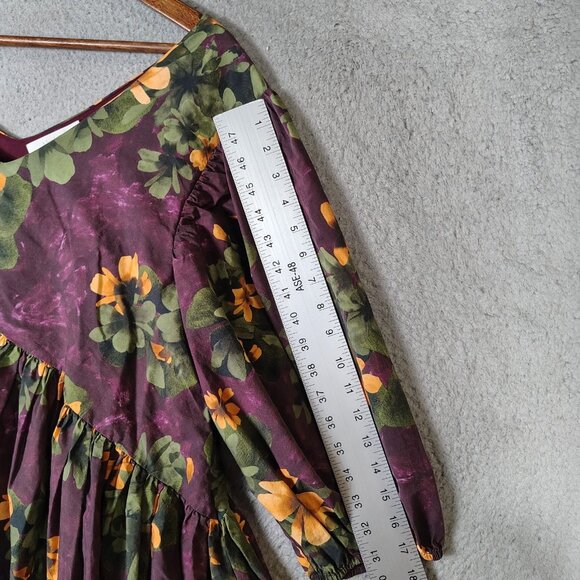 Merlette Dress Women's Medium Purple Floral Print V-Neck Swing Flowy Trapeze - Picture 2 of 12